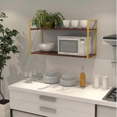 Imagem de Prateleira Industrial Parede ou Suspensa Dourada Aço e Madeira 50x40x90cm (Imbuia)