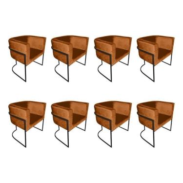 Imagem de Kit 8 Poltronas Decorativa Sala De Estar Base De Ferro Preta Veludo Terracota Laranja