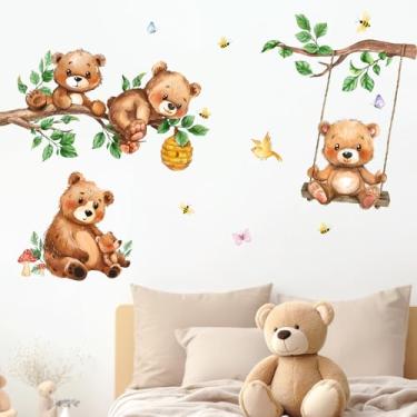 Imagem de Yovkky Adesivos de parede com urso de animais da floresta, pássaros fofos, ramo, balanço, favo de mel, neutro, bebê, berçário, decoração, borboleta, abelha, folhas, cogumelo, decoração para casa,