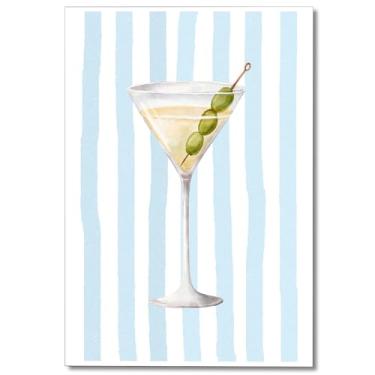 Imagem de Vintage Martini Bar carrinho arte de parede em tela moderna costeira aquarela coquetel minimalista impressão estética listrada funky para sala de estar casa quarto dormitório decoração de parede 30,5