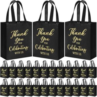 Imagem de Tranqun 30 peças de sacolas de presente de boas-vindas de casamento com alças Obrigado por celebrar conosco lembrancinhas de festa reutilizáveis não tecidas pretas douradas para casamento, formatura,