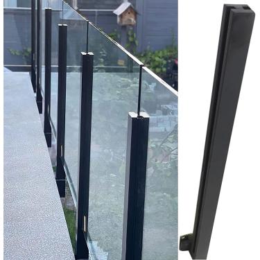 Imagem de Poste de grade de vidro preto Montagem lateral, painéis de cerca de piscina ao ar livre Baluster, sistema de trilhos de convés com kit completo para etapas externas Villas Balcony/Stairway,