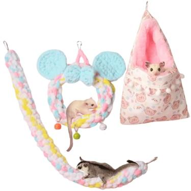 Imagem de 3 peças de cama suspensa com brinquedo de escalada e conjunto de brinquedos coloridos para ratos hamster, acessórios de gaiola para furão, hamster, esquilo, chinchila, papagaios (coloridos)