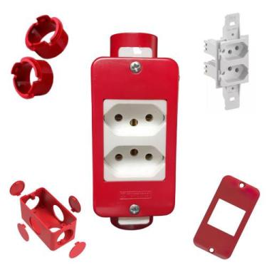 Imagem de Kit Tomada Dupla Branca 10A + Condulete 4/2pol + Placa e Adaptadores 3