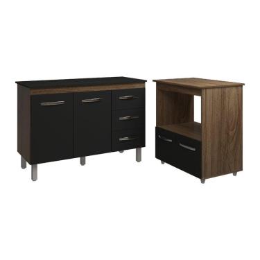 Imagem de Balcão Armário Gabinete Bruna 118 Cm Preto Com Tampo Preto E Balcão Amanda Para Forno E Microondas Preto