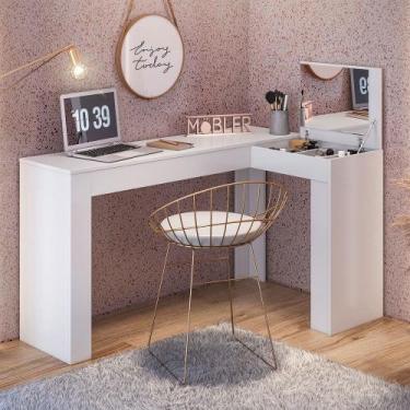 Imagem de Escrivaninha Penteadeira Camarim de Canto com Espelho Jade Branco Fosc