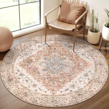 Imagem de Ciicool Tapete Boho 1,2 x 1,2 m, redondo, lavável, para quarto, antiderrapante, vintage, para entrada, tapete de interior de pelo baixo para sala de estar (creme/tijolo vintage)
