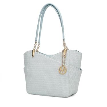 Imagem de MKF Collection Bolsa feminina exclusiva, bolsa de ombro, bolsa de mão de couro vegano com alça superior, Jules azul claro, Large