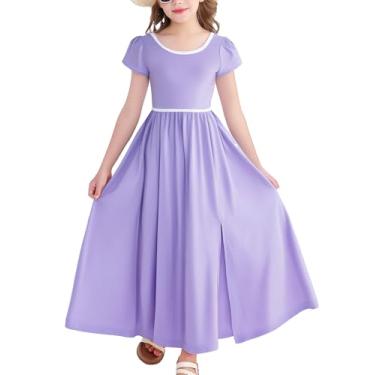 Imagem de HIGHUZZA Vestidos de verão para meninas, manga curta, rodado, rodado, casual, longo, maxi vestido para 7 a 12 anos, Roxa, 7-8 Anos