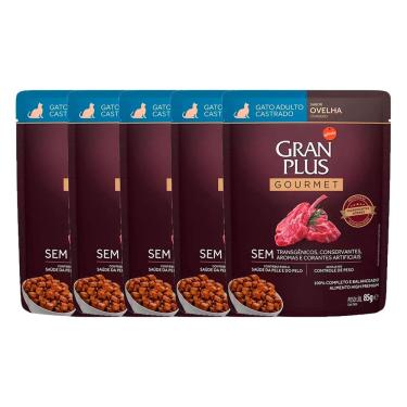Imagem de Kit 5 Ração Úmida Gran Plus Gourmet Gatos Castrados Ovelha Sachê 85g