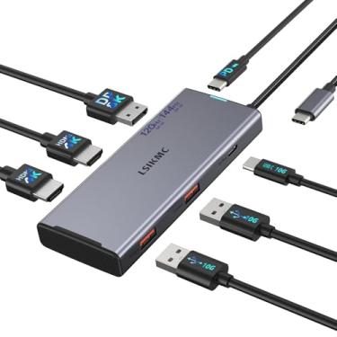 Imagem de Estação de ancoragem de monitor triplo 4K, hub USB C 7 em 1 com HDMI duplo 4K@60Hz, DP 8K @30Hz/4K @144Hz/4K@120Hz, 100W PD, 3x10Gbps USB para Dell/HP/Lenovo