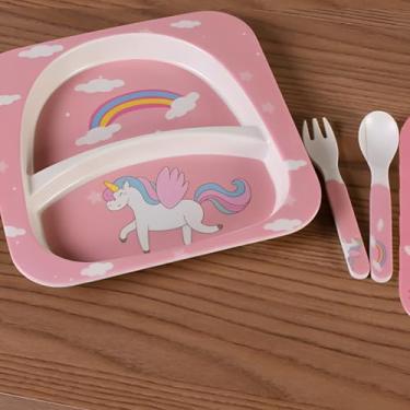 Imagem de Prato e talher para bebês. Kit com 3 peças. Introdução alimentar. Modelo Unicórnio.