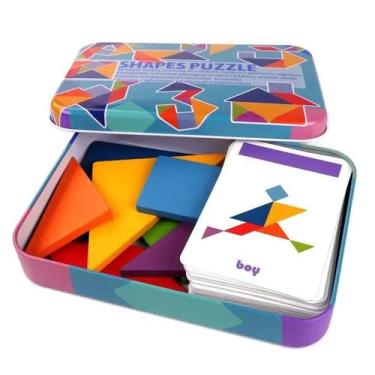 Imagem de Tangram de Madeira Colorido com Caixa de Ferro para Armazenamento - Qu