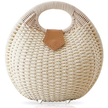 Imagem de QTKJ Bolsa feminina de palha de vime em formato de concha semicírculo, sacola de praia retrô de verão com alça redonda, Bege, 6.29''x 9.84''