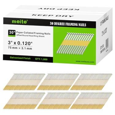 Imagem de meite Pregos de enquadramento de 30 graus 7,5 cm x 0,30 cm, haste anel, revestimento galvanizado, fita de papel agrupada, pregos de moldura de cabeça redonda deslocada para pregadores de moldura de 30