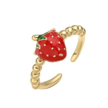 Imagem de Lindo anel aberto ajustável de morango vermelho para mulheres banhado a ouro 14 k colorido esmalte adorável comida doce fruta declaração anel de contas anel de contas ajuste confortável joias modernas