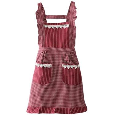 Imagem de Avental feminino com bolso resistente ao desgaste avental de cozinha com borda ondulada de renda plissada avental de cozinha com alças antiderrapantes ajustáveis para assar e jardinagem