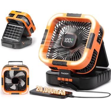 Imagem de Raddy Ventilador de acampamento solar recarregável CF3 com lanterna LED, ventilador de mesa USB-C silencioso, 20000 mAh ou ao ar livre e acampamento laranja