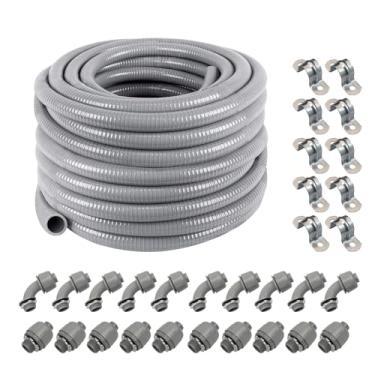 Imagem de Z Kit de conduíte de PVC flexível de 1,27 cm de diâmetro x 30 metros com acoplamento de 10 peças, cotovelo de 10 peças e 10 alças