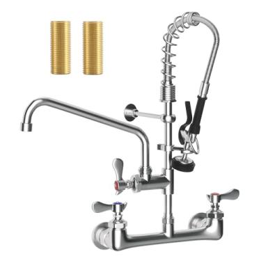 Imagem de NETISR Torneira comercial de 63,5 cm de altura com pulverizador, latão cromado para montagem na parede torneira de pia de cozinha de restaurante pré-enxágue, centro ajustável de 20 cm e bico giratório
