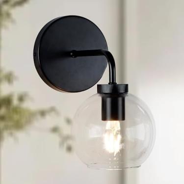 Imagem de Generic Luminária De Parede Preta Moderna Com Cúpula Vidro, Luz Esférica Transparente, Abajur Estrutura Aço Para Penteadeira, Ao Lado/Sobre O Espelho, Arandela Quarto, Banheiro