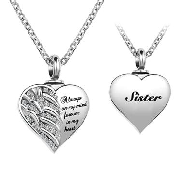 Imagem de LuxglitterLin Joias de cremação com asas de anjo da guarda para cinzas, coração, urna de cristal, colares para cinzas, memorial, lembrança, colar Always on Mind Forever in My Heart, Metal, cristal