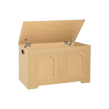 Imagem de DINZI LVJ Baú de armazenamento, caixa de brinquedos de madeira de 80 cm com 2 dobradiças de segurança, banco de armazenamento de entrada com flip-top, porta-malas de armazenamento resistente para sala