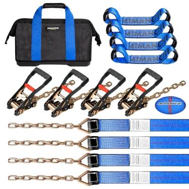 Imagem de Mimanchi Kit de amarração de veículo de 8 pontos, com extensão de corrente resistente em ambas as extremidades, alça catraca - Kits de bloqueio para veículos e carros Sistema de reboque de tiras de