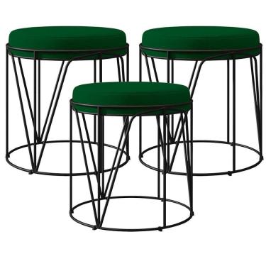 Imagem de Kit 03 Puffs Aramado Preto Zaya L02 Suede Verde Musgo