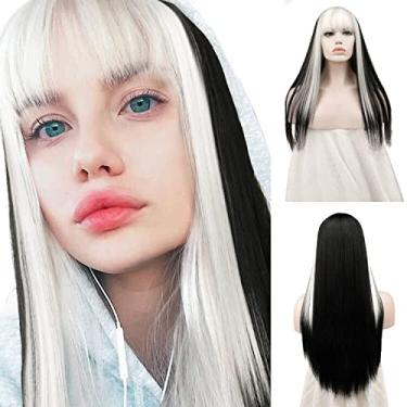 Imagem de Sofeiyan Peruca longa reta com franja preta com tiras brancas, peruca de substituição de cabelo sintético resistente ao calor para mulheres, meninas, 66 cm