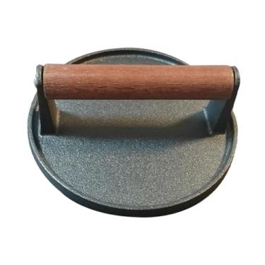 Imagem de IEUDNS Prensa para hambúrguer, utensílios de cozinha, prensa para carne de ferro fundido, máquina de fazer hambúrguer com cabo de madeira para chapa de