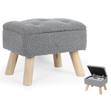 Imagem de OGEMXU Otomano de armazenamento, banquinho pequeno de armazenamento com pernas de madeira, descanso de pé retangular de veludo de pelúcia para cadeira, apoio de pé branco de esponja macia para sala de