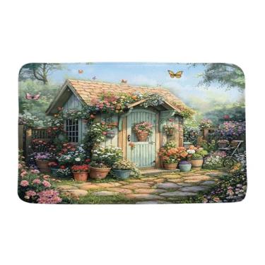 Imagem de Outhouse Tapete de banheiro rústico casa de fazenda floral vintage azul-petróleo casa de campo primitivo jardim jardim banheiro cozinha tapete absorvente capacho de área 17,8 x 29,5 polegadas