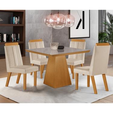 Imagem de Conjunto Sala de Jantar Mesa Prada com Tampo de Vidro 90cm e 4 Cadeiras em MDF Florença LJ Móveis - Castanho Cinamomo/ Creme/Off White