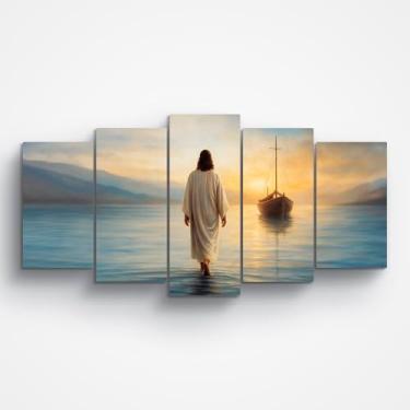 Imagem de Quadro Jesus Cristo Andando Nas Águas Barco Mdf 130x60cm