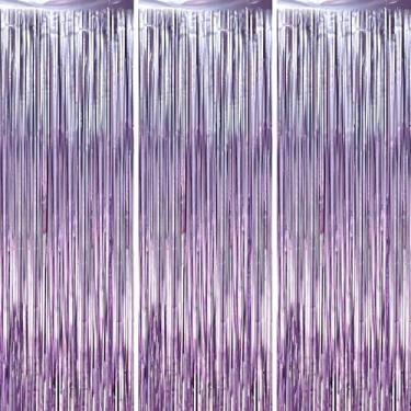 Imagem de Voircoloria Pacote com 3 cortinas de fundo com franjas de folha de lavanda de 1 x 2 m, decorações de festa com serpentinas de tinsel, pano de fundo de franjas para aniversário, chá de bebê, revelação