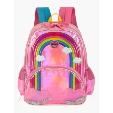 Imagem de Mochila Escolar Menina De Costas Arco-Íris Holográfica Rosa