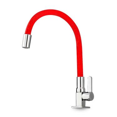Imagem de Torneira Gourmet Inox Grande 58cm Monocomando para Cozinha de Mesa Bancada Pia Flexível 360 Cromada e Vermelha 1/4 volta