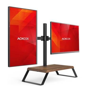Imagem de AOKCOS Suporte de monitor duplo para tela LED/OLED de 12 a 27 polegadas, suporte para monitor VESA totalmente ajustável, carga de 10 kg, braço de monitor portátil com base de madeira para mulheres