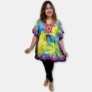 Imagem de Bata Kaftan Indiana Saída de Praia Estampa Flores e Onça - Sarat Moda 