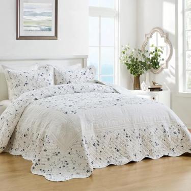 Imagem de Colchas King extragrandes 120 x 120 - Conjunto de colcha California King, edredom fino leve, 3 peças, cobertor reversível floral azul fazenda com borda recortada, 100% algodão, Cal King