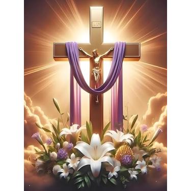 Imagem de Kits de arte de diamante para adultos cruz religiosa, kit de pintura de diamante 5D DIY para iniciantes, Jesus Cristo, flor redonda completa, pontos artísticos para adultos, perfeito para decoração de