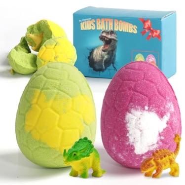 Imagem de Bombas de banho para crianças com brinquedos dentro – 2 bombas de banho orgânicas para crianças com surpresa dentro, bombas de banho de dinossauro para crianças de 3 a 9 anos, bombas de banho
