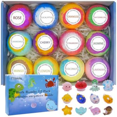 Imagem de Bombas de banho para crianças com surpresa dentro para meninas, meninos, pacote com 12 bombas de banho infantis com 12 brinquedos exclusivos de animais marinhos, bomba de espuma de banho de espuma