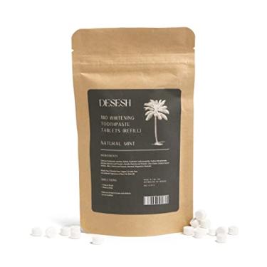 Imagem de 180 comprimidos de creme dental clareador em bolsa biodegradável, feito nos EUA, sabor natural de menta, sem flúor com hidroxiapatita, compatível com TSA, espuma em vez de fumê