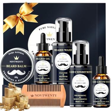 Imagem de NOVTWENTY Kit de crescimento de barba – 7 peças de kit de cuidados com a barba para homens, inclui lavagem de barba, óleo de barba e óleo de crescimento, condicionador de barba, bálsamo de barba