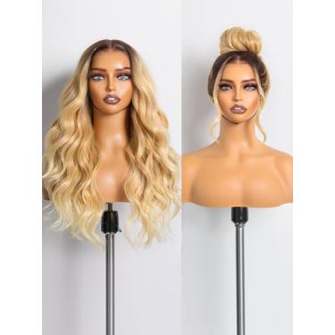 Imagem de GORGIUS Peruca ondulada loira ombré sem cola HD perucas transparentes com frente de renda pré-arrancadas feitas com tecnologia Style-Archive: Mistura de fibra premium e cabelo humano Remy com linha de