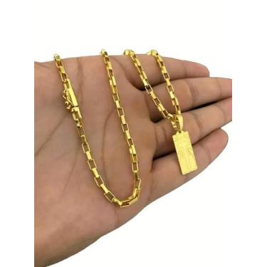 Imagem de Cordão Tijolinho 3Mm + Pingente Cruz Placa - Banhado A Ouro - Tojoia18