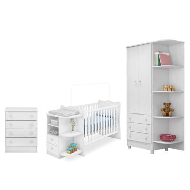 Imagem de Jogo de Quarto Infantil Doce Sonho Berço Cantoneira com Colchão Branco - Qmovi