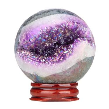 Imagem de Rockcloud Esfera de cristal de quartzo roxo revestida de titânio com suporte de madeira, esfera geodo de cristal de rocha natural para decoração de casa de adivinhação, 51-60 mm
